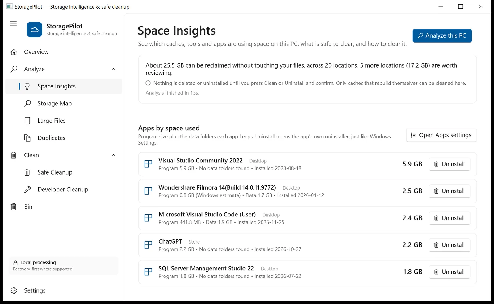 StoragePilot Apps by space used list showing program size, data size and an Uninstall button for each app