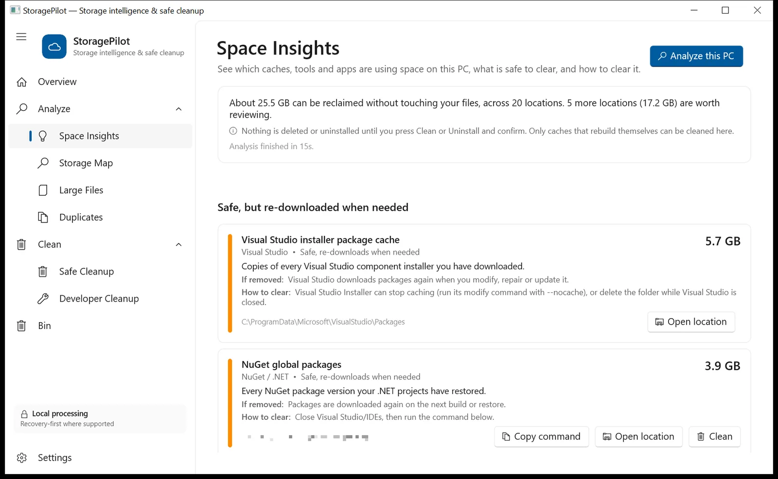 StoragePilot listing developer caches such as the Visual Studio package cache and NuGet global packages with copyable commands