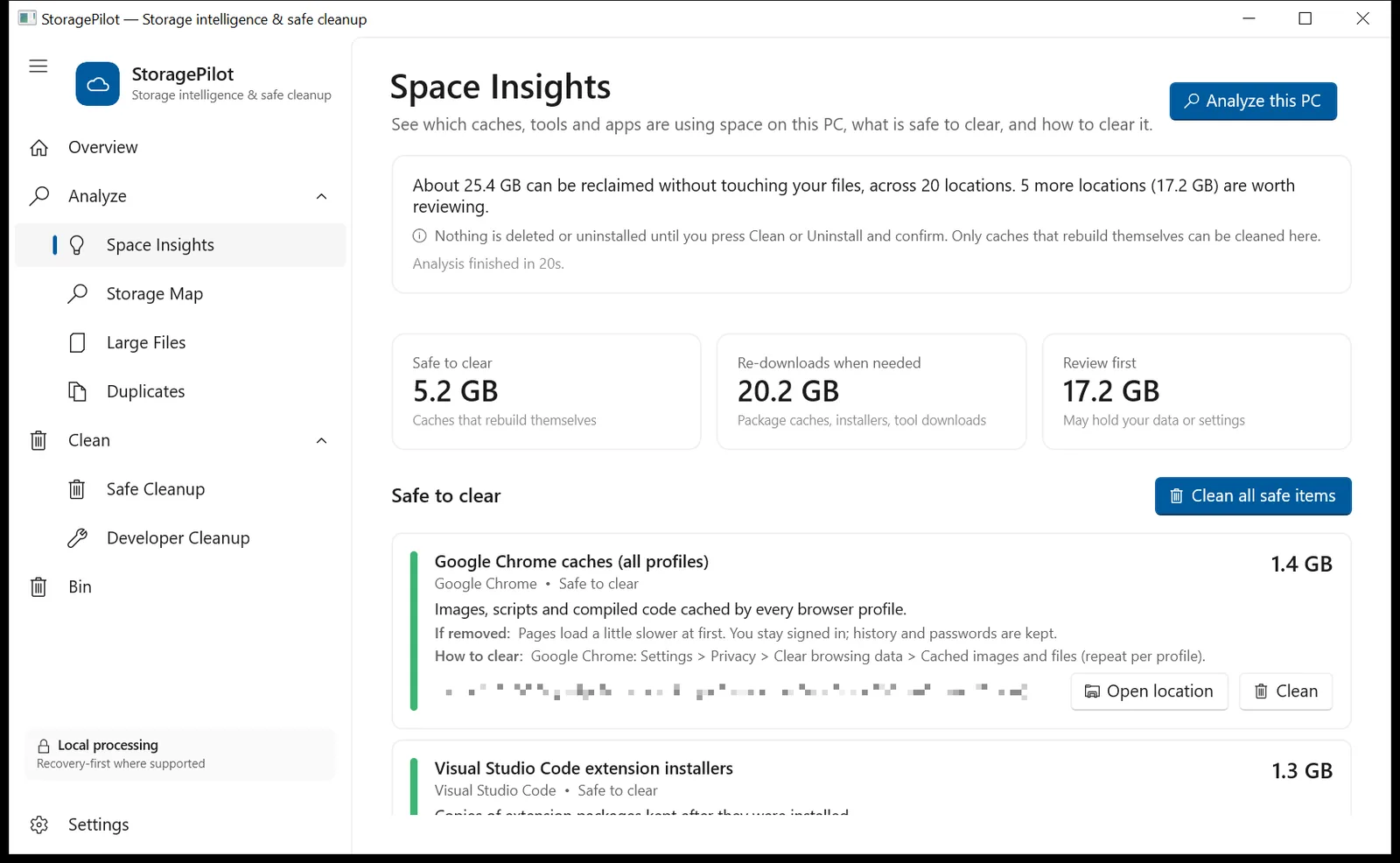 StoragePilot Space Insights showing reclaimable space split by risk on a real Windows PC