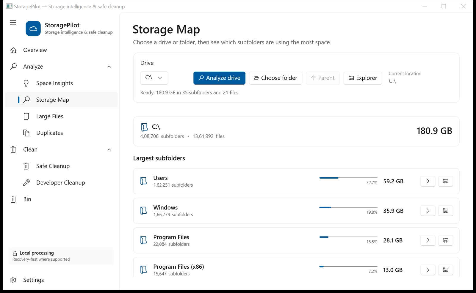 StoragePilot Storage Map of the C: drive with Users, Windows and Program Files ranked by size